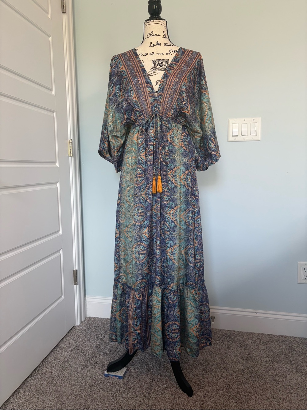 Bohemian V-Neck Silk Paisley Maxi Dress in Blue Multi